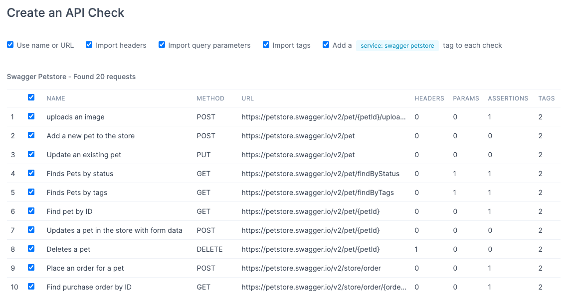 screenshot of checkly bulk openapi import